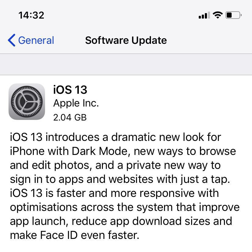 The iOS software upsate screen with details of iOS 13.0