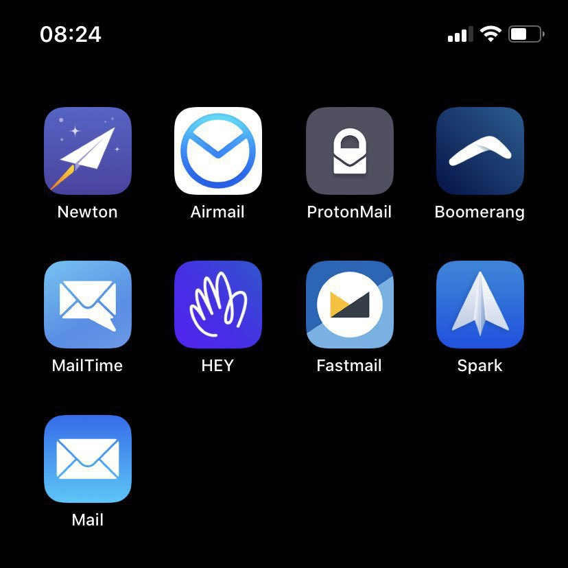 A variety of iOS email apps, all of which have mostly blue icons. 