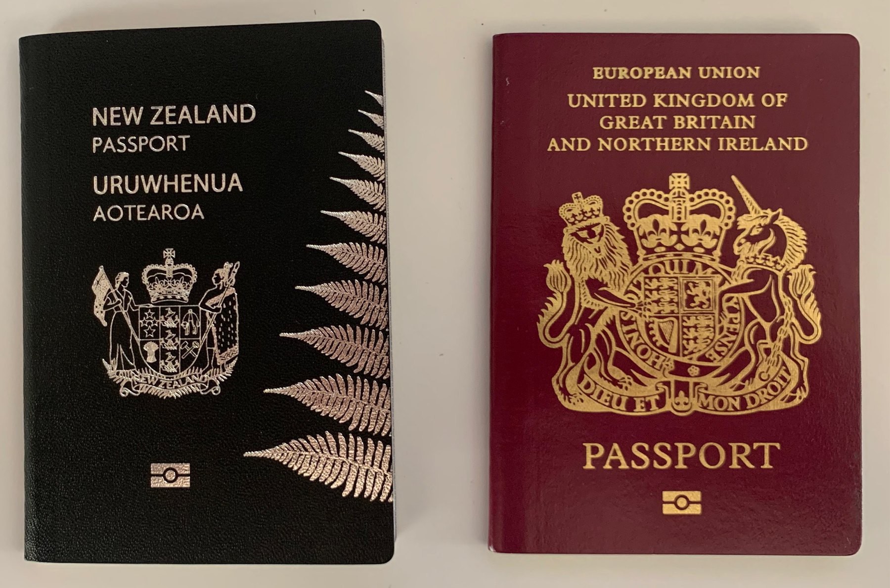 My new Zealand passport next to my British passport, which is now horrifically less useful. 