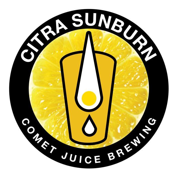 The logo for Citra Sunburn, a lemon with the logo for my home brew, Comet Juice Brewing which is an outline of a pint glass with a comet falling into it