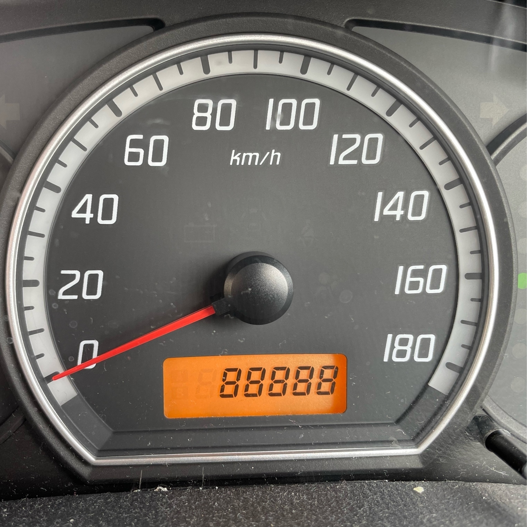 My odometer, reading 88888 km. 