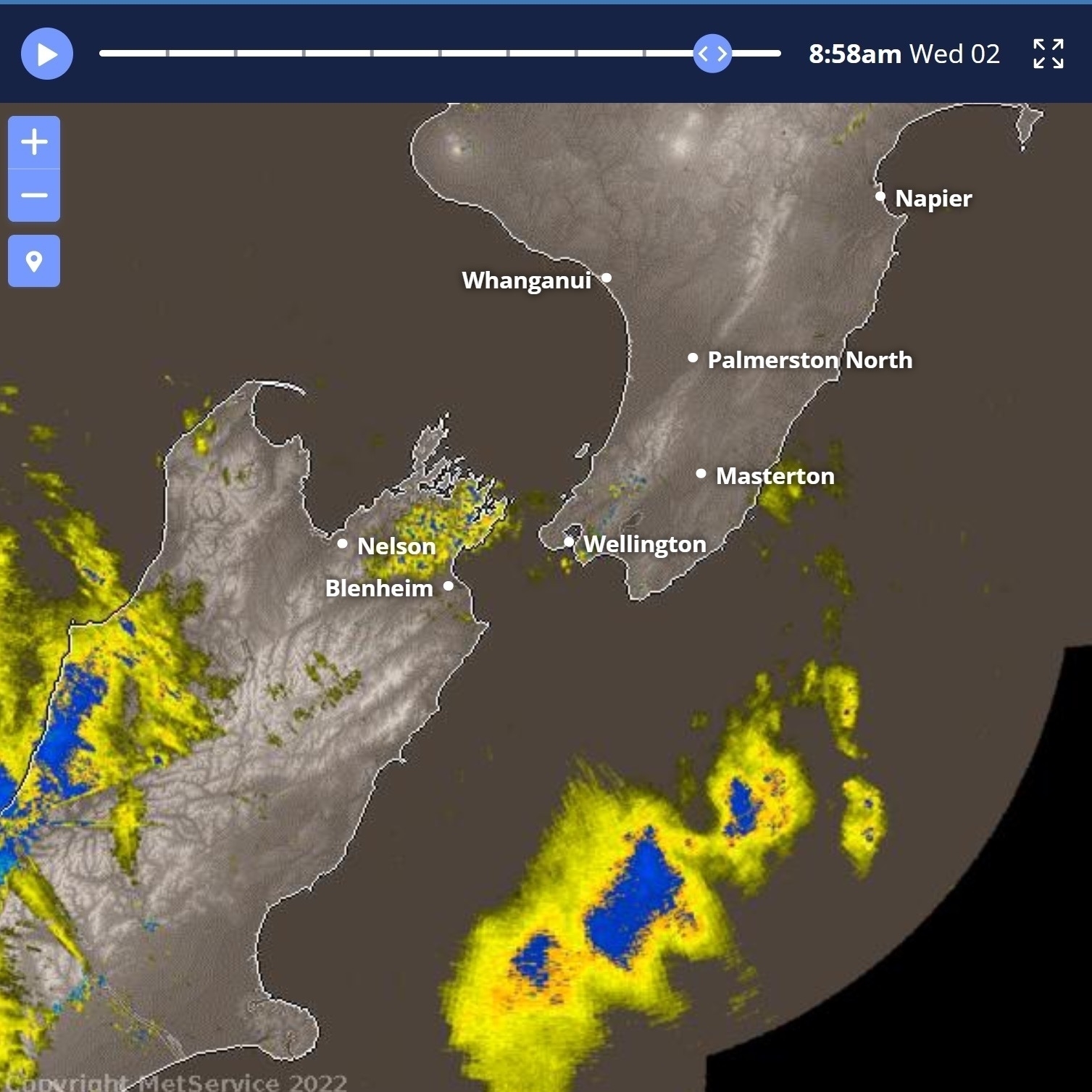 in the lower left of this picture the rain is being stopped by the Southern Alps, which run along the Alpine Fault. 